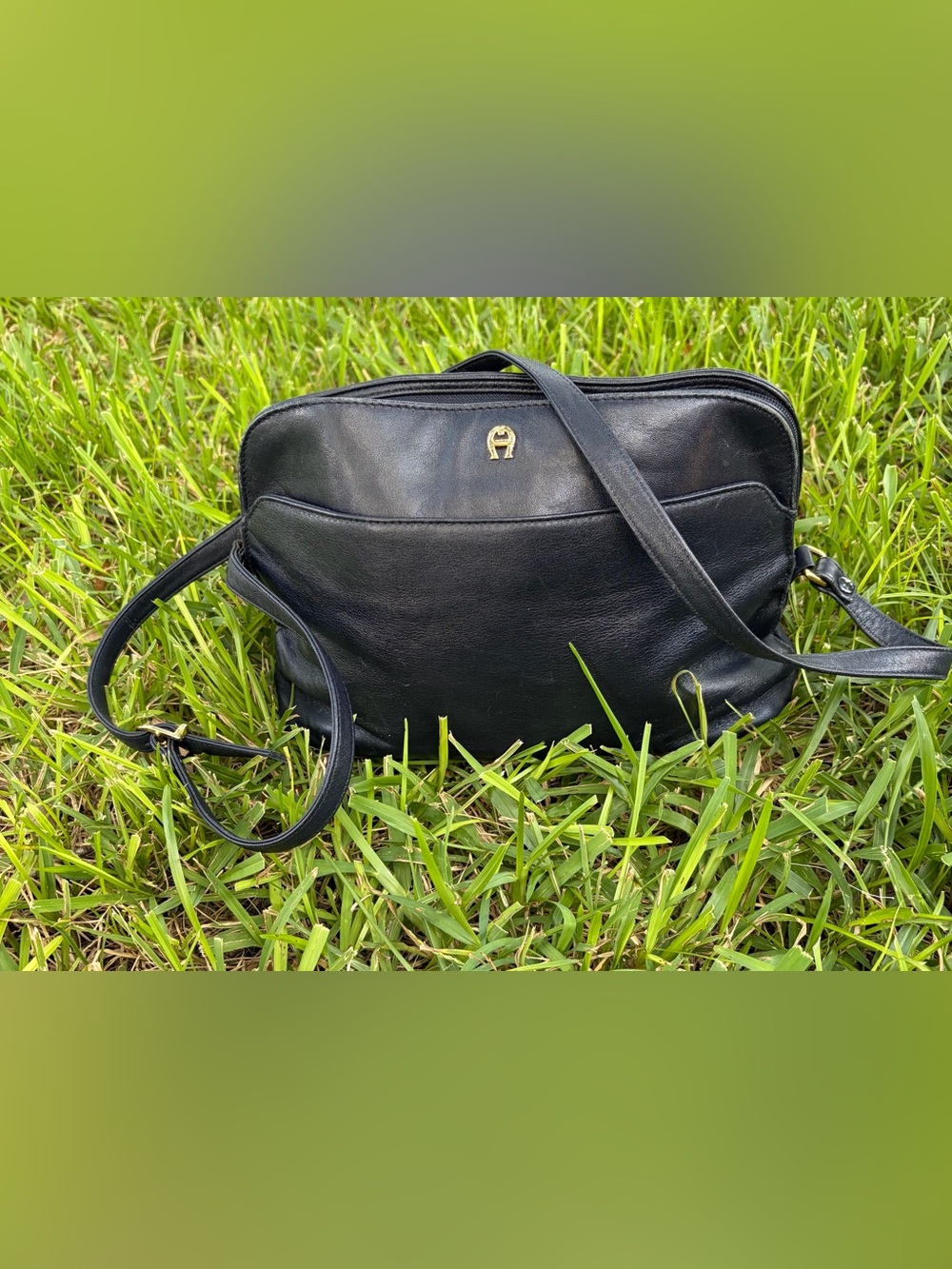 Vintage Etienne Aigner Navy Leather Shoulder Bag with Gold Logo